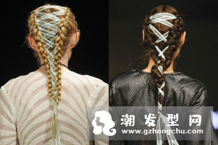 绑鞋带发型图片 粉色发带不错